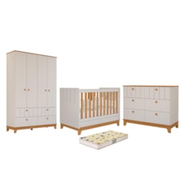 Dormitório Biscoito Guarda Roupa, Cômoda e Berço Off White/Nature com Colchão Supreme - Permóbili Baby Dormitório Biscoito Guarda Roupa, Cômoda e Berço Off White/Nature com Colchão Supreme - Permóbili Baby