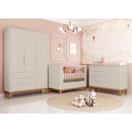 Dormitório Boom Plus Classic Guarda Roupa, Cômoda 1 Porta e Berço Areia Fosco com Colchão Baby Physical - Reller Móveis Dormitório Boom Plus Classic Guarda Roupa, Cômoda 1 Porta e Berço Areia Fosco com Colchão Baby Physical - Reller Móveis