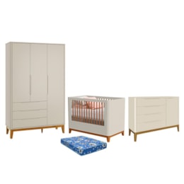 Dormitório Boom Plus Classic Guarda Roupa, Cômoda 1 Porta e Berço Areia Fosco com Colchão Baby Physical - Reller Móveis Dormitório Boom Plus Classic Guarda Roupa, Cômoda 1 Porta e Berço Areia Fosco com Colchão Baby Physical - Reller Móveis
