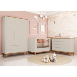 Dormitório Boom Plus Classic Guarda Roupa, Cômoda 1 Porta e Berço Areia Fosco/Savana com Colchão Baby Physical - Reller Móveis Dormitório Boom Plus Classic Guarda Roupa, Cômoda 1 Porta e Berço Areia Fosco/Savana com Colchão Baby Physical - Reller Móveis