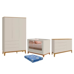 Dormitório Boom Plus Classic Guarda Roupa, Cômoda 1 Porta e Berço Areia Fosco/Savana com Colchão Baby Physical - Reller Móveis Dormitório Boom Plus Classic Guarda Roupa, Cômoda 1 Porta e Berço Areia Fosco/Savana com Colchão Baby Physical - Reller Móveis