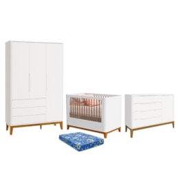 Dormitório Boom Plus Classic Guarda Roupa, Cômoda 1 Porta e Berço Branco Fosco com Colchão Baby Physical - Reller Móveis