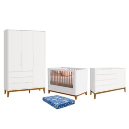 Dormitório Boom Plus Classic Guarda Roupa, Cômoda 1 Porta e Berço Branco Fosco com Colchão Baby Physical - Reller Móveis Dormitório Boom Plus Classic Guarda Roupa, Cômoda 1 Porta e Berço Branco Fosco com Colchão Baby Physical - Reller Móveis