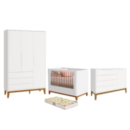 Dormitório Boom Plus Classic Guarda Roupa, Cômoda 1 Porta e Berço Branco Fosco com Colchão Supreme - Reller Móveis  Dormitório Boom Plus Classic Guarda Roupa, Cômoda 1 Porta e Berço Branco Fosco com Colchão Supreme - Reller Móveis
