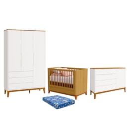 Dormitório Boom Plus Classic Guarda Roupa, Cômoda 1 Porta e Berço Branco Fosco/Savana com Colchão Baby Physical - Reller Móveis Dormitório Boom Plus Classic Guarda Roupa, Cômoda 1 Porta e Berço Branco Fosco/Savana com Colchão Baby Physical - Reller Móveis