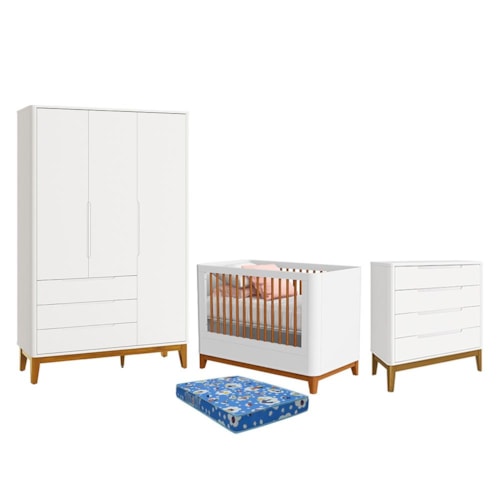 Dormitório Boom Plus Classic Guarda Roupa, Cômoda 4 Gavetas e Berço Branco Fosco com Colchão Baby Physical - Reller Móveis