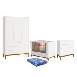 Dormitório Boom Plus Classic Guarda Roupa, Cômoda 4 Gavetas e Berço Branco Fosco com Colchão Baby Physical - Reller Móveis Dormitório Boom Plus Classic Guarda Roupa, Cômoda 4 Gavetas e Berço Branco Fosco com Colchão Baby Physical - Reller Móveis