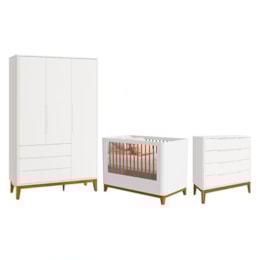 Dormitório Boom Plus Classic Guarda Roupa, Cômoda 4 Gavetas e Berço Branco Fosco - Reller Móveis Dormitório Boom Plus Classic Guarda Roupa, Cômoda 4 Gavetas e Berço Branco Fosco - Reller Móveis