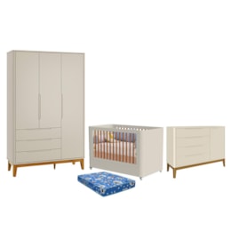 Dormitório Boom Plus Wheels Guarda Roupa, Cômoda 1 Porta e Berço Areia Fosco com Colchão Baby Physical - Reller Móveis Dormitório Boom Plus Wheels Guarda Roupa, Cômoda 1 Porta e Berço Areia Fosco com Colchão Baby Physical - Reller Móveis