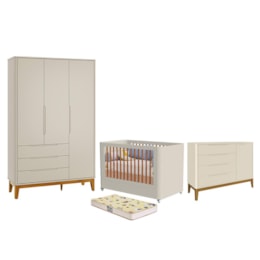 Dormitório Boom Plus Wheels Guarda Roupa, Cômoda 1 Porta e Berço Areia Fosco com Colchão Supreme - Reller Móveis Dormitório Boom Plus Wheels Guarda Roupa, Cômoda 1 Porta e Berço Areia Fosco com Colchão Supreme - Reller Móveis
