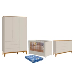 Dormitório Boom Plus Wheels Guarda Roupa, Cômoda 1 Porta e Berço Areia Fosco/Savana com Colchão Baby Physical - Reller Móveis Dormitório Boom Plus Wheels Guarda Roupa, Cômoda 1 Porta e Berço Areia Fosco/Savana com Colchão Baby Physical - Reller Móveis