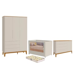Dormitório Boom Plus Wheels Guarda Roupa, Cômoda 1 Porta e Berço Areia Fosco/Savana com Colchão Supreme - Reller Móveis Dormitório Boom Plus Wheels Guarda Roupa, Cômoda 1 Porta e Berço Areia Fosco/Savana com Colchão Supreme - Reller Móveis