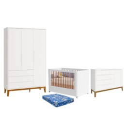 Dormitório Boom Plus Wheels Guarda Roupa, Cômoda 1 Porta e Berço Branco Fosco com Colchão Baby Physical - Reller Móveis Dormitório Boom Plus Wheels Guarda Roupa, Cômoda 1 Porta e Berço Branco Fosco com Colchão Baby Physical - Reller Móveis