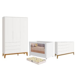 Dormitório Boom Plus Wheels Guarda Roupa, Cômoda 1 Porta e Berço Branco Fosco com Colchão Supreme - Reller Móveis Dormitório Boom Plus Wheels Guarda Roupa, Cômoda 1 Porta e Berço Branco Fosco com Colchão Supreme - Reller Móveis
