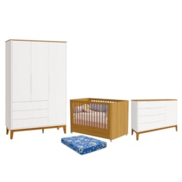 Dormitório Boom Plus Wheels Guarda Roupa, Cômoda 1 Porta e Berço Branco Fosco/Savana com Colchão Baby Physical - Reller Móveis Dormitório Boom Plus Wheels Guarda Roupa, Cômoda 1 Porta e Berço Branco Fosco/Savana com Colchão Baby Physical - Reller Móveis