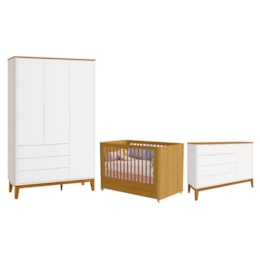 Dormitório Boom Plus Wheels Guarda Roupa, Cômoda 1 Porta e Berço Branco Fosco/Savana - Reller Móveis Dormitório Boom Plus Wheels Guarda Roupa, Cômoda 1 Porta e Berço Branco Fosco/Savana - Reller Móveis