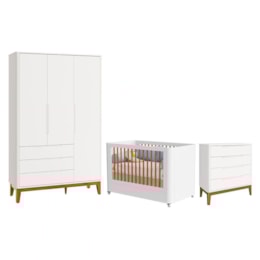 Dormitório Boom Plus Wheels Guarda Roupa, Cômoda 4 Gavetas e Berço Branco Fosco - Reller Móveis Dormitório Boom Plus Wheels Guarda Roupa, Cômoda 4 Gavetas e Berço Branco Fosco - Reller Móveis