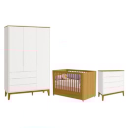Dormitório Boom Plus Wheels Guarda Roupa, Cômoda 4 Gavetas e Berço Branco Fosco/Savana - Reller Móveis Dormitório Boom Plus Wheels Guarda Roupa, Cômoda 4 Gavetas e Berço Branco Fosco/Savana - Reller Móveis