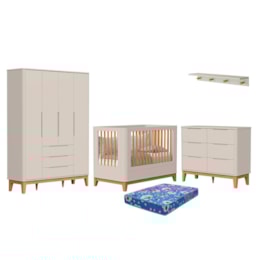 Dormitório Boom Slim Classic 4 Portas, Cômoda 6 Gavetas, Berço com Colchão Physical e Prateleira Areia Fosco - Reller Móveis