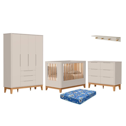 Dormitório Boom Slim Classic 4 Portas, Cômoda 6 Gavetas, Berço com Colchão Physical e Prateleira Areia Fosco - Reller Móveis