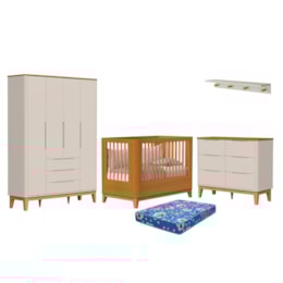 Dormitório Boom Slim Classic 4 Portas, Cômoda 6 Gavetas, Berço com Colchão Physical e Prateleira Areia Fosco/Savana - Reller Móveis