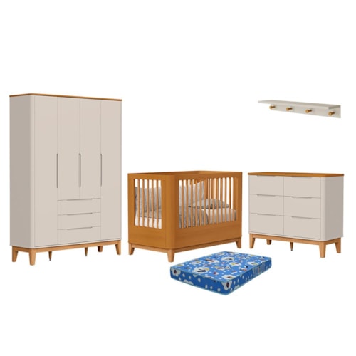 Dormitório Boom Slim Classic 4 Portas, Cômoda 6 Gavetas, Berço com Colchão Physical e Prateleira Areia Fosco/Savana - Reller Móveis