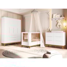 Dormitório Boom Slim Classic 4 Portas, Cômoda 6 Gavetas, Berço com Colchão Physical e Prateleira Branco Fosco - Reller Móveis Dormitório Boom Slim Classic 4 Portas, Cômoda 6 Gavetas, Berço com Colchão Physical e Prateleira Branco Fosco - Reller Móveis