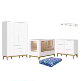 Dormitório Boom Slim Classic 4 Portas, Cômoda 6 Gavetas, Berço com Colchão Physical e Prateleira Branco Fosco - Reller Móveis