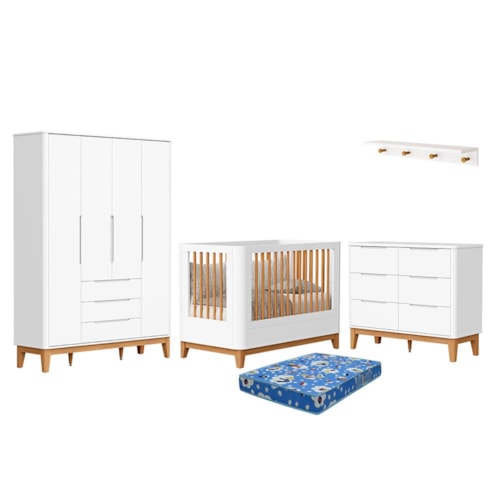 Dormitório Boom Slim Classic 4 Portas, Cômoda 6 Gavetas, Berço com Colchão Physical e Prateleira Branco Fosco - Reller Móveis