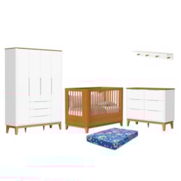 Dormitório Boom Slim Classic 4 Portas, Cômoda 6 Gavetas, Berço com Colchão Physical e Prateleira Branco Fosco/Savana - Reller Móveis