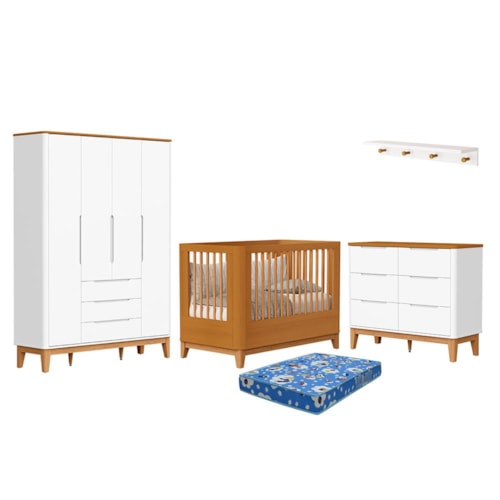Dormitório Boom Slim Classic 4 Portas, Cômoda 6 Gavetas, Berço com Colchão Physical e Prateleira Branco Fosco/Savana - Reller Móveis