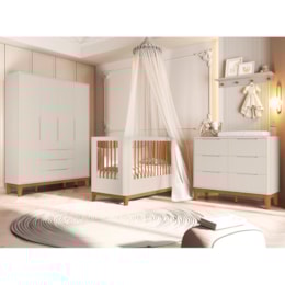 Dormitório Boom Slim Classic 4 Portas, Cômoda 6 Gavetas, Berço com Colchão Supreme e Prateleira Areia Fosco - Reller Móveis Dormitório Boom Slim Classic 4 Portas, Cômoda 6 Gavetas, Berço com Colchão Supreme e Prateleira Areia Fosco - Reller Móveis