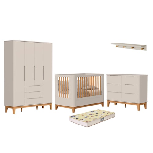 Dormitório Boom Slim Classic 4 Portas, Cômoda 6 Gavetas, Berço com Colchão Supreme e Prateleira Areia Fosco - Reller Móveis