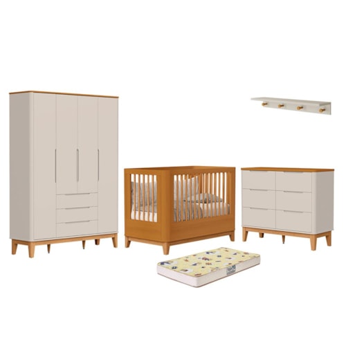 Dormitório Boom Slim Classic 4 Portas, Cômoda 6 Gavetas, Berço com Colchão Supreme e Prateleira Areia Fosco/Savana - Reller Móveis
