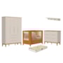 Dormitório Boom Slim Classic 4 Portas, Cômoda 6 Gavetas, Berço com Colchão Supreme e Prateleira Areia Fosco/Savana - Reller Móveis