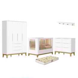 Dormitório Boom Slim Classic 4 Portas, Cômoda 6 Gavetas, Berço com Colchão Supreme e Prateleira Branco Fosco - Reller Móveis Dormitório Boom Slim Classic 4 Portas, Cômoda 6 Gavetas, Berço com Colchão Supreme e Prateleira Branco Fosco - Reller Móveis