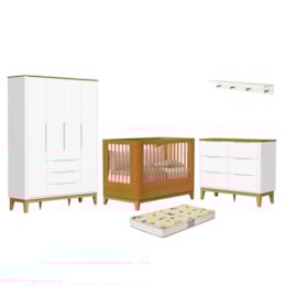 Dormitório Boom Slim Classic 4 Portas, Cômoda 6 Gavetas, Berço com Colchão Supreme e Prateleira Branco Fosco/Savana - Reller Móveis