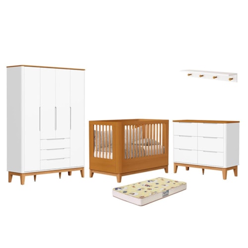 Dormitório Boom Slim Classic 4 Portas, Cômoda 6 Gavetas, Berço com Colchão Supreme e Prateleira Branco Fosco/Savana - Reller Móveis