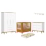 Dormitório Boom Slim Classic 4 Portas, Cômoda 6 Gavetas, Berço com Colchão Supreme e Prateleira Branco Fosco/Savana - Reller Móveis