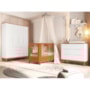 Dormitório Boom Slim Classic 4 Portas, Cômoda 6 Gavetas, Berço com Colchão Supreme e Prateleira Branco Fosco/Savana - Reller Móveis
