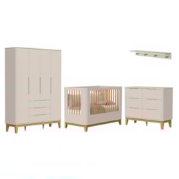 Dormitório Boom Slim Classic 4 Portas, Cômoda 6 Gavetas, Berço e Prateleira Areia Fosco - Reller Móveis