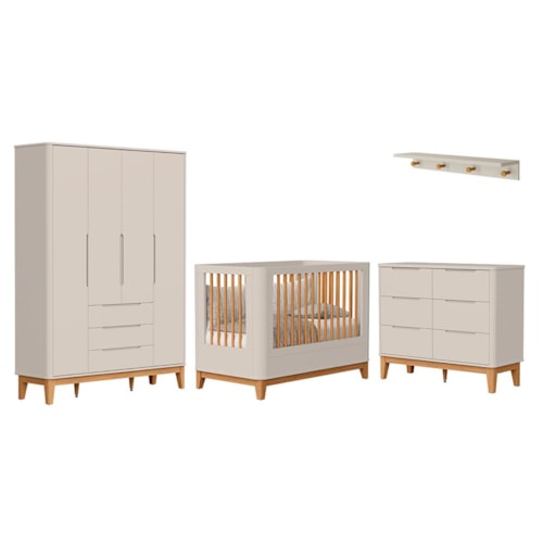 Dormitório Boom Slim Classic 4 Portas, Cômoda 6 Gavetas, Berço e Prateleira Areia Fosco - Reller Móveis
