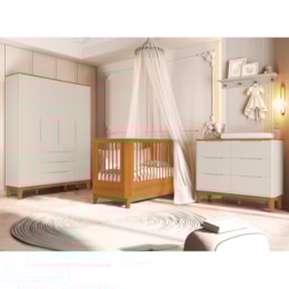 Dormitório Boom Slim Classic 4 Portas, Cômoda 6 Gavetas, Berço e Prateleira Areia Fosco/Savana - Reller Móveis