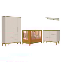 Dormitório Boom Slim Classic 4 Portas, Cômoda 6 Gavetas, Berço e Prateleira Areia Fosco/Savana - Reller Móveis