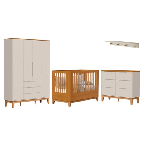 Dormitório Boom Slim Classic 4 Portas, Cômoda 6 Gavetas, Berço e Prateleira Areia Fosco/Savana - Reller Móveis