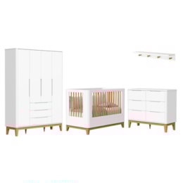 Dormitório Boom Slim Classic 4 Portas, Cômoda 6 Gavetas, Berço e Prateleira Branco Fosco - Reller Móveis