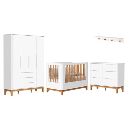 Dormitório Boom Slim Classic 4 Portas, Cômoda 6 Gavetas, Berço e Prateleira Branco Fosco - Reller Móveis