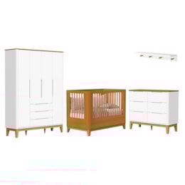 Dormitório Boom Slim Classic 4 Portas, Cômoda 6 Gavetas, Berço e Prateleira Branco Fosco/Savana - Reller Móveis