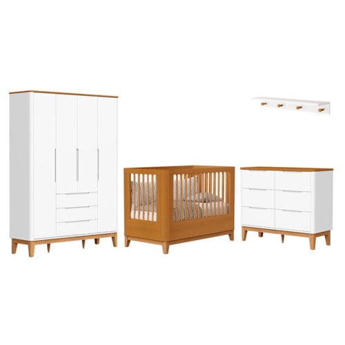 Dormitório Boom Slim Classic 4 Portas, Cômoda 6 Gavetas, Berço e Prateleira Branco Fosco/Savana - Reller Móveis