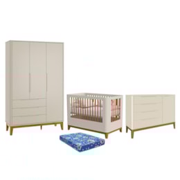 Dormitório Boom Slim Classic Guarda Roupa, Cômoda 1 Porta e Berço Areia Fosco com Colchão Baby Physical - Reller Móveis Dormitório Boom Slim Classic Guarda Roupa, Cômoda 1 Porta e Berço Areia Fosco com Colchão Baby Physical - Reller Móveis